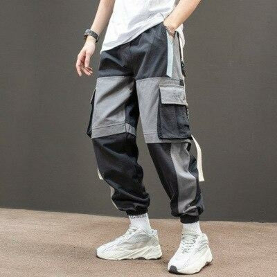 Men Hip Hop Black Cargo Pants joggers Sweatpants Multi-pocket Ribbons