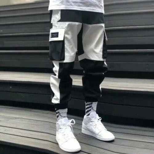 Men Hip Hop Black Cargo Pants joggers Sweatpants Multi-pocket Ribbons