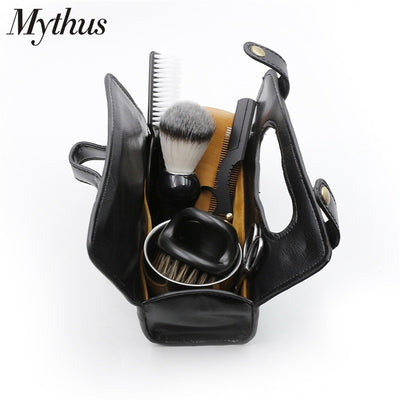 Mythus Luxury Moustache Styling Care Travel Kit 7PC Men's Grooming Beard Tools Set With Portable PU Leather Shaving Toiletry Bag